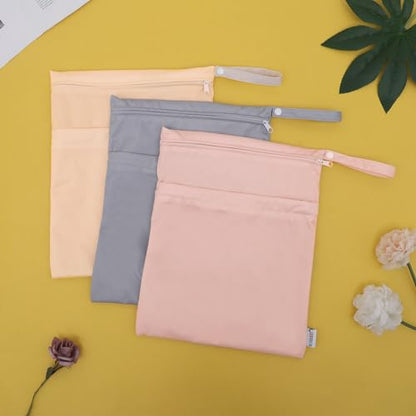 ALVA ALVABABY 3pcs Cloth Diaper Wet Dry Bags Waterproof Reusable with Two Zippered Pockets Travel Beach Pool Daycare Soiled Baby Items Yoga Gym Bag for Swimsuits or Wet Clothes 3L-ZM10 - color: Yellow Apricot Light grey