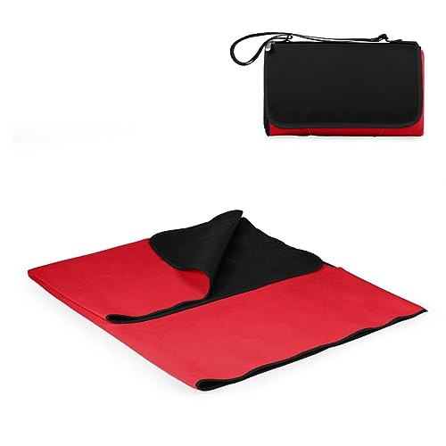 PICNIC TIME Outdoor Picnic Blanket Tote, 59"x51" Foldable Beach & Camping Blanket with Soft Fleece, Water-Resistant Bottom, Adjustable Strap & Zippered Pocket (Red with Black Flap) - color: Red/Black