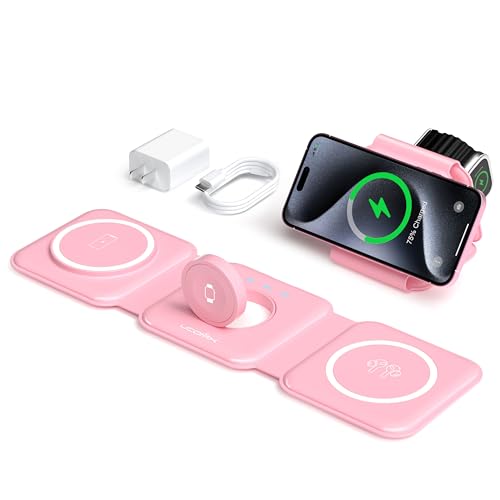 3 in 1 Charging Station for Multple Devices,Foldable 3 in 1 Wireless Charger for Travel,Nano Wireless Charging Station for iPhone16 15 14 13 12 Pro Max/Watch 10 9 8 7 6 5 4 3 Ultra/AirPod Pro - color: Pink