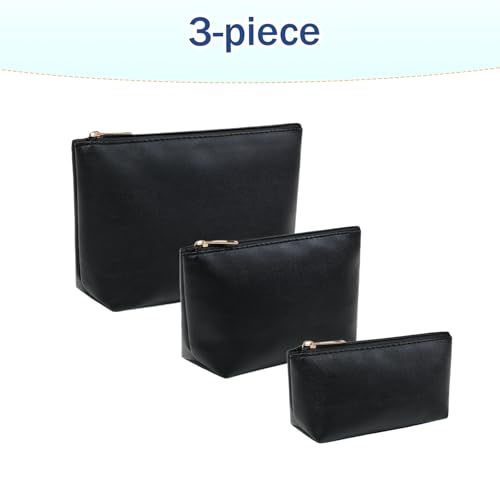 3 Pcs Makeup Bag Set for Women Black Soft Leather Travel Cosmetic Bag Make Up Pouch Small Travel Zipper Pouch,Water-resistant Makeup Organizer Bag for Women（Flat black） - color: Flat black