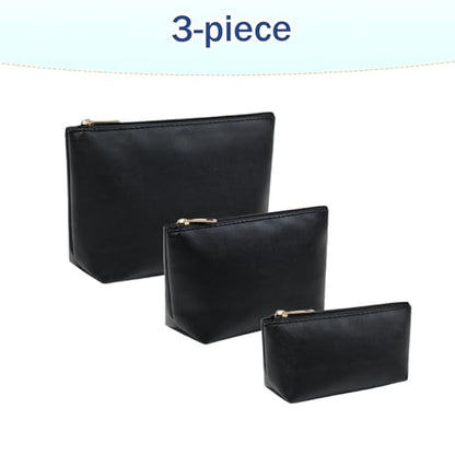 3 Pcs Makeup Bag Set for Women Black Soft Leather Travel Cosmetic Bag Make Up Pouch Small Travel Zipper Pouch,Water-resistant Makeup Organizer Bag for Women（Flat black） - color: Flat black
