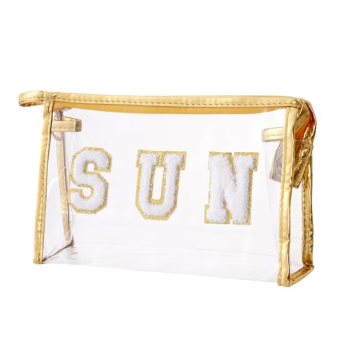 Clear Preppy Patch Cosmetic Bag, Sun Chenille Letter Bag for Beach, Clear Travel Pouch with Zipper, Small Toiletry Bag for Women Girls Teens Gift (Gold) - color: Gold
