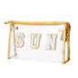 Clear Preppy Patch Cosmetic Bag, Sun Chenille Letter Bag for Beach, Clear Travel Pouch with Zipper, Small Toiletry Bag for Women Girls Teens Gift (Gold) - color: Gold