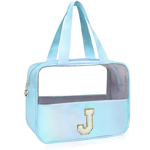 Personalized Initial Clear Makeup Bag Blue Cosmetic Bag Set Large Travel Toiletry Bag, Cute Clear Make Up Bags Organizer Bag for Girlfriend Teacher Gifts Teen Girl Gifts Trendy Stuff J (Blue) - color: Blue, style: J