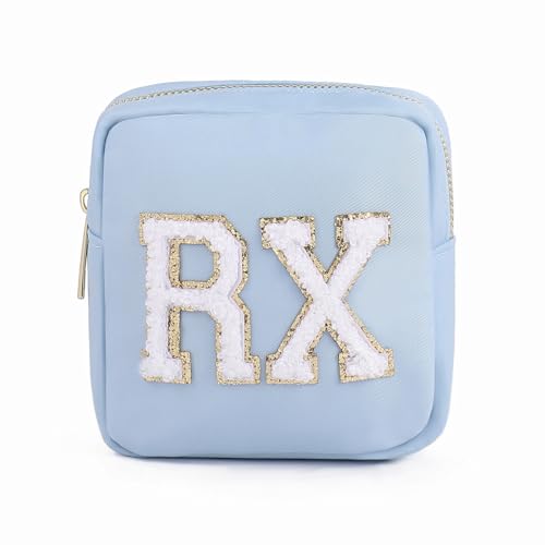 uekeboag Personalized Small Nylon Rx Cosmetic Bag, Cute Chenille Letter Patch Medicine Drug Pouch with Zipper,Preppy Makeup Travel Vitamin Bag for Women and Girls(Light Blue) - color: 02Light Blue