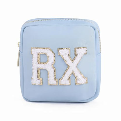uekeboag Personalized Small Nylon Rx Cosmetic Bag, Cute Chenille Letter Patch Medicine Drug Pouch with Zipper,Preppy Makeup Travel Vitamin Bag for Women and Girls(Light Blue) - color: 02Light Blue