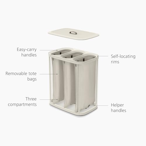 Joseph Joseph Tota Trio 90 liter/23.8 gallon Laundry Hamper Separation Basket with lid, 3 Removable Washing Bags with Handles- Ecru - color: Ecru, style: Trio Compartment 90L