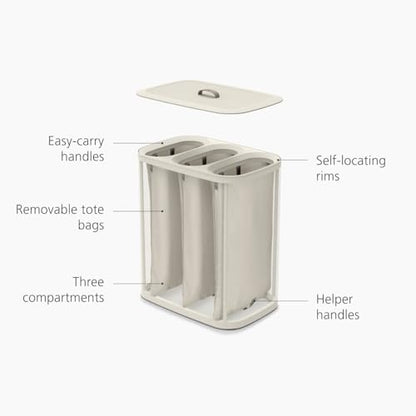 Joseph Joseph Tota Trio 90 liter/23.8 gallon Laundry Hamper Separation Basket with lid, 3 Removable Washing Bags with Handles- Ecru - color: Ecru, style: Trio Compartment 90L