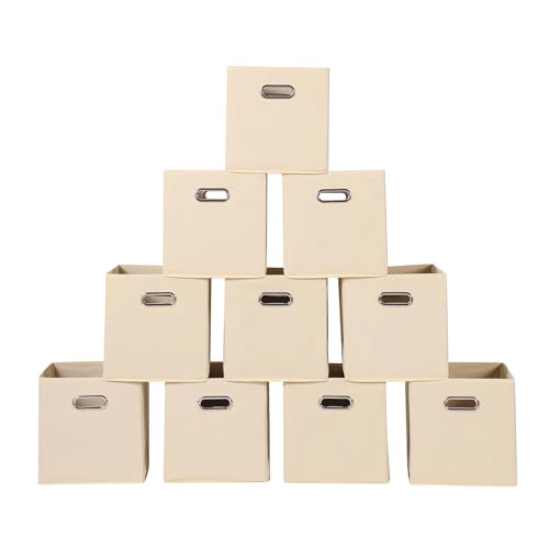 Fabric storage bins Cubes, Fabric Cube Organizer with Handle, Foldable Cube Bins for Cloth or Accessary Storage, 11x11x11, Set of 10, (Creamy White) - color: Creamy White, size: 10 Pack
