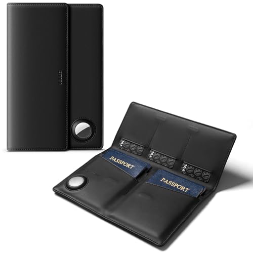 VULKIT Family Passport Holder for 4 Leather Passport Wallet with Airtag Slot Multiple Passport Holder RFID Blocking Bifold Travel Documents Organizer - color: Black