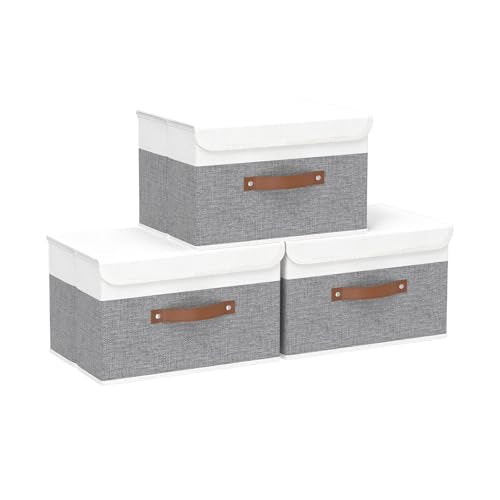 Yawinhe Collapsible Storage Bins, Stackable Boxes with Lids, Cube Clothes Organizer Basket with Handles for Home, Grey and White, 10.2x7.9x6.7 In, 3-Pack, SNK024WGN-3 - color: White/Grey, size: S/(3 Pack)