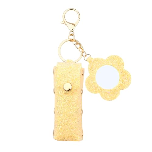 Sisadodo Glitter Lip Oil Holder Key Chains for Woman Lipstick Case with Mirror Lip Balm Keychain for Lipstick Case Keychain - color: Yellow-flower