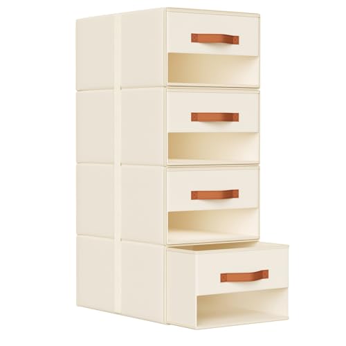 DIMJ Closet Organizers and Storage - Pull-out Fabric Bins with Drawers for Closet Foldable Clothes Organizers with Clear Window, Stackable Storage Drawers for Bedroom,Living Room,Shelf,4-Pack, Beige - color: Beige, size: Medium - 4 Pack