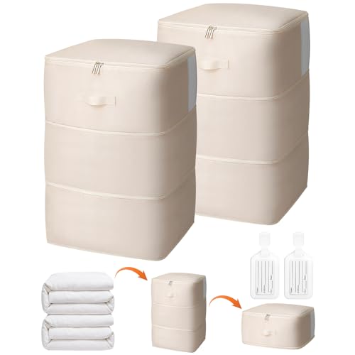 2 Pack Comforter Storage Bag, 204L Blanket Storage Bags Self Compression Comforter Organizer and Storages, Space Saving Washable Compression Bags for Blanket Bedding Pillow Duvet Quilt, Beig - color: Beige, size: 200L x 2
