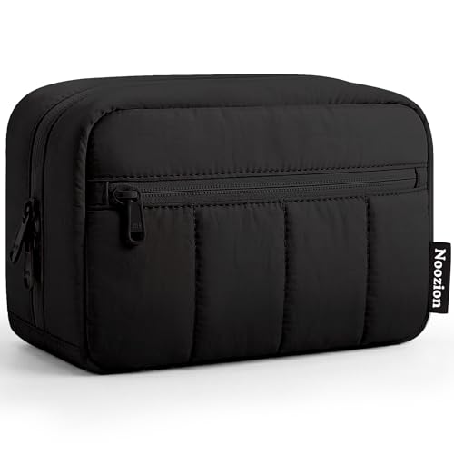 Noozion Makeup Bag Travel Toiletry Bag, Puffy Padded Cosmetic Bag for Women, Makeup Organizer Case, Wide-open Pouch Purse, Travel Essentials - color: Black