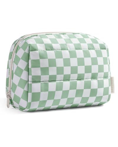 BAGSMART Puffy Makeup Bag, Wide Opening Cosmetic Organizer, Soft Water-Resistant Travel Toiletry Pouch for Women for Purse, Compact & Spacious - color: 02-Green checkered