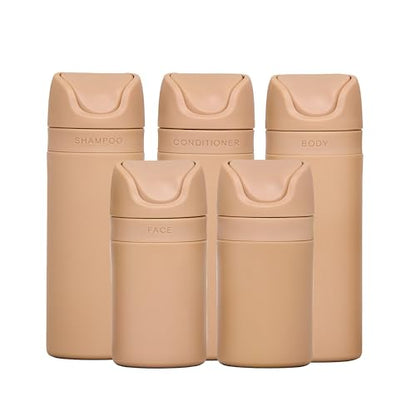 RIES Essential Refillable Toiletry Travel Bottles – Set of 5 (3.4oz & 1.7oz) Airless Pump Containers for Shampoo, Conditioner, Body, Face – Leak-Proof, TSA-Approved, Dishwasher Safe - Sand - color: Sand