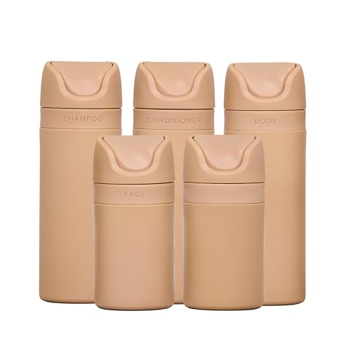 RIES Essential Refillable Toiletry Travel Bottles – Set of 5 (3.4oz & 1.7oz) Airless Pump Containers for Shampoo, Conditioner, Body, Face – Leak-Proof, TSA-Approved, Dishwasher Safe - Sand - color: Sand