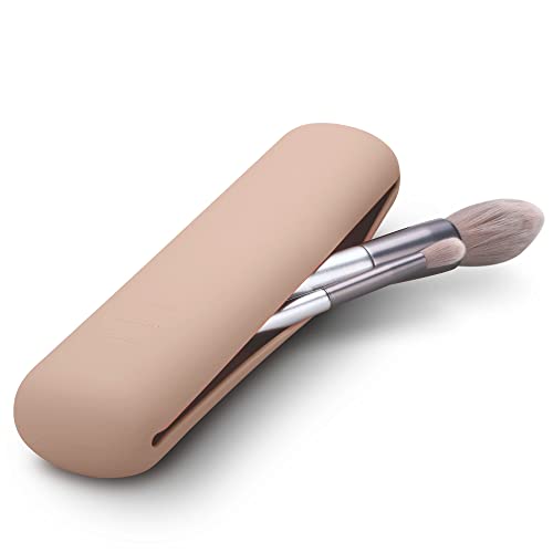 FERYES Travel Makeup Brush Holder, Magnetic Anti-fall Out Silicon Portable Cosmetic Face Brushes Holder, Soft and Sleek Makeup Tools Organizer for Travel-Khaki（7.8 * 1.89 * 0.8 Inches） - color: Khaki, size: Small