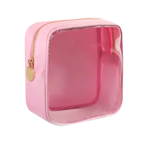 Travel Essentials Makeup Bag for Women Water-resistant Toiletry Organizer Nylon Cosmetic Pouch Preppy Stuff Clear (S,LightPinkClear) - color: Clear Light Pink, size: S