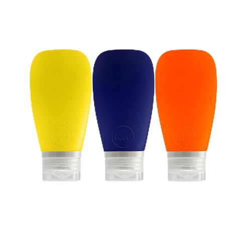 Travel Bottles for Toiletries, TSA Approved 3oz Leak Proof Silicone Refillable Squeeze Travel Size Containers BPA Free for Cleansers, Lotions, Shampoo 3pk (Orange-Blue-Yellow). - color: Yellow-Navy Blue-Orange