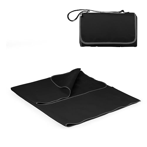 PICNIC TIME Outdoor Picnic Blanket Tote, 59"x51" Foldable Beach & Camping Blanket with Soft Fleece, Water-Resistant Bottom, Adjustable Strap & Zippered Pocket (Black with Black Exterior) - color: Black