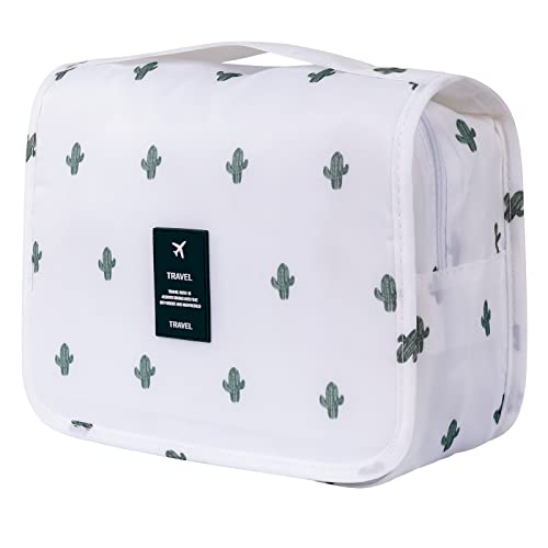 Travel Toiletry Bag for Women, Hanging Toiletry Bag with Multi-Pockets, Toiletry Bag for Traveling Easy Clean, Travel Organizer Cactus Pattern - color: White