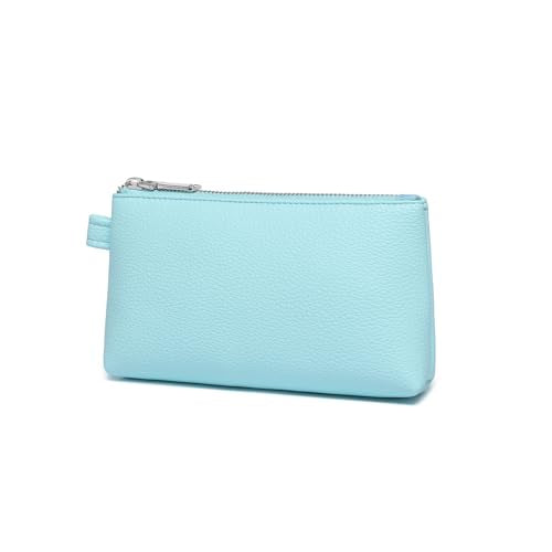 30 Color PU Faux Leather Travel Toiletry Bag for Women, Mini Cosmetic Pouch Organizer with 2 Dividers, Easy Clean Makeup Bag for Purse, Gift Idea (PU Faux Leather/Clear Water Blue) - color: PU/Clear Water Blue