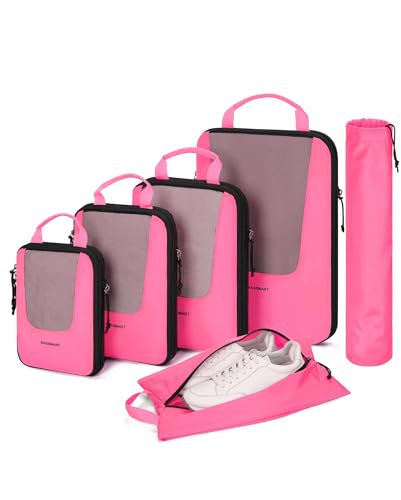 BAGSMART Compression Packing Cubes for Travel, 6/5/4set Lightweight Packing Organizers, Summer Travel Essentials Suitcase Organizer Bags Set - color: M-Barbie Powder, size: 6 Set-Compress