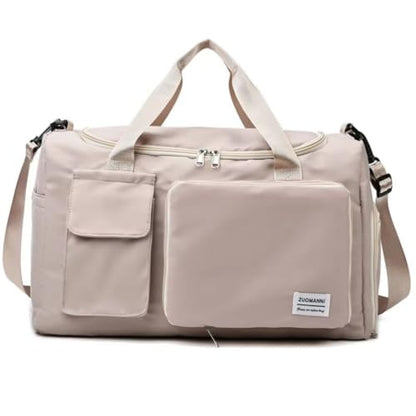 New men's and women's splash proof sports hand travel fitness shopping weekend camping overnight bags. (beige) - color: beige