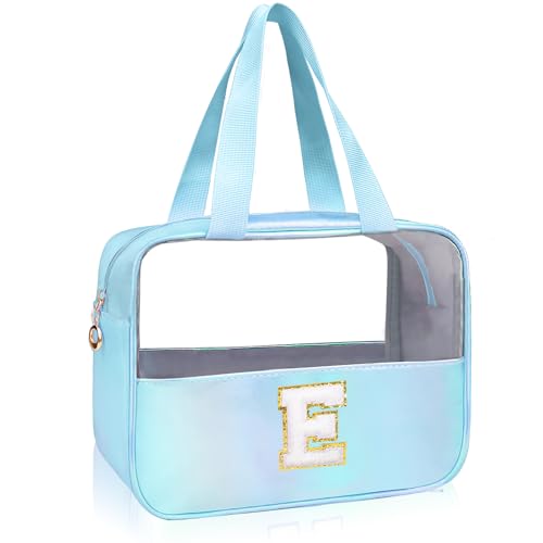 Personalized Initial E Clear Blue Makeup Bag - Large Travel Toiletry Bag, Cute Cosmetic Organizer Set for Girlfriend, Teacher, Teen Girl Gifts - color: Blue, style: E