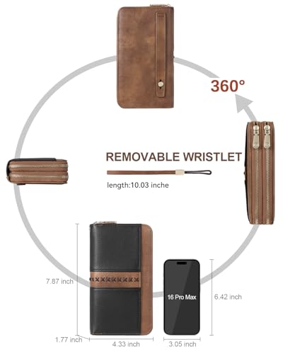 BOSTANTEN Wallets for Women Leather RFID Double Zipper Around Credit Card Holder Large Capacity Wristlet Clutch Wallet - color: Black＆brown