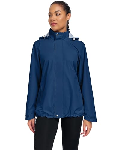 Hount Womens Waterproof Raincoat Lightweight Packable Striped Lined Rain Jacket Casual Travel Outdoor Hooded Jakctes - color: Dark Blue, size: X-Large