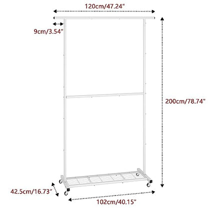 Sywhitta Double Rod Clothing Garment Rack, Rolling Coat Hanger with Bottom Mesh, Clothing Rack for Hanging Clothes, Coats, Skirts, Sweaters, White - color: White, size: With mesh