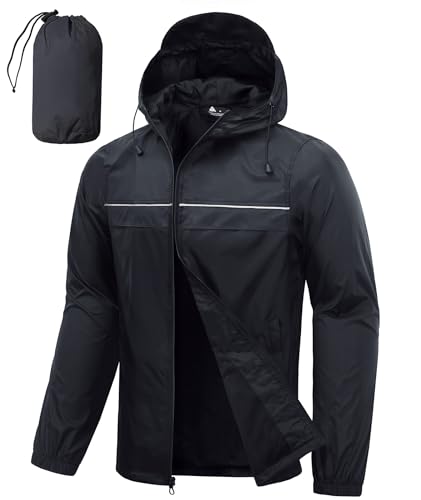 SWISSWELL Mens Rain Jacket & Coats Packable Lightweight Waterproof Windbreaker Hooded for Golf Cycling Hiking - color: Black+packable, size: Small