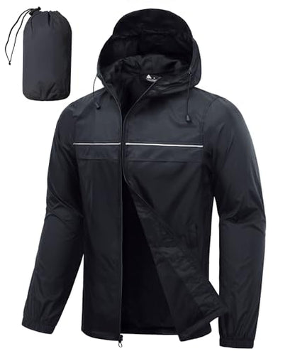 SWISSWELL Mens Rain Jacket & Coats Packable Lightweight Waterproof Windbreaker Hooded for Golf Cycling Hiking - color: Black+packable, size: Medium
