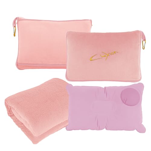 Travel Blanket and Pillow Set, 300 GSM Soft Fleece, 60x43 Inches, 3-in-1 Compact with Bag, Pink - color: Pink
