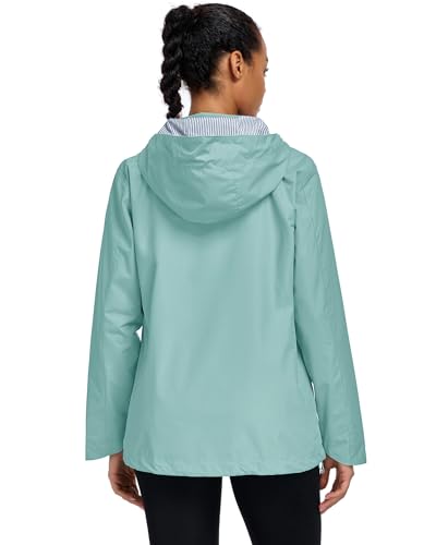Hount Womens Waterproof Raincoat Lightweight Packable Striped Lined Rain Jacket Casual Travel Outdoor Hooded Jakctes - color: Bean Green, size: X-Large