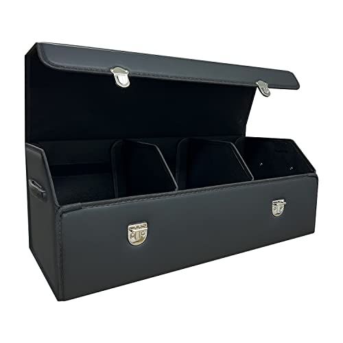 Car Trunk Organizer with Lid,Foldable Faux Leather Cargo Storage Box,3 Compartments,Collapsible Multi-Functional for SUV,Sedan,Vehicle Trunk - color: Black, size: Large