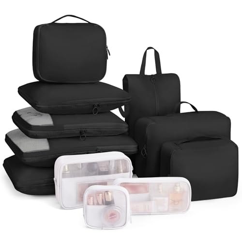 11-Piece Expandable Compression Packing Cubes, Travel Luggage Organizers Set for Suitcase, Lightweight Fabric Packing Bags for Travel Essentials Black - color: Black