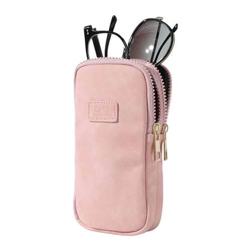 KINIVA Double Eyeglass Case for Men Women, 2-in-1 PU Dual Sunglasses Case, Scratch-Proof Travel Eyeglass Holder for Purse Car - style: Pink Matte