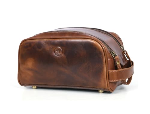 10" Premium Leather Toiletry Travel Pouch With Waterproof Lining | King-Size Handcrafted Vintage Dopp kit By Aaron Leather Goods (Espresso) - color: Espresso