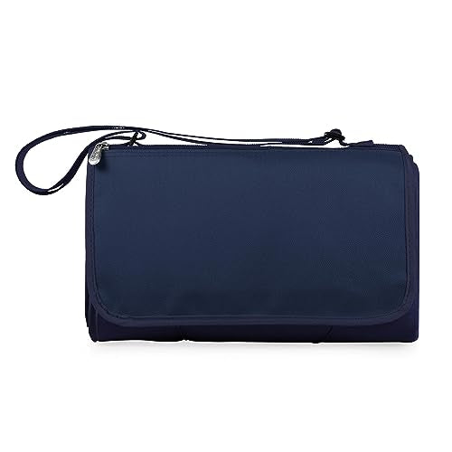 PICNIC TIME Outdoor Picnic Blanket Tote, 59"x51" Foldable Beach & Camping Blanket with Soft Fleece, Water-Resistant Bottom, Adjustable Strap & Zippered Pocket (Navy Blue with Blue Flap) - color: Navy