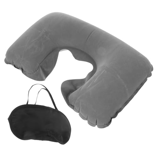 PRETYZOOM Inflatable Neck Travel Pillow Set with Blackout Eye Mask, U-Shaped Airplane Neck Pillow for Comfortable Sleep During Flights and Travel, Lightweight Gray Portable 3pcs Kit