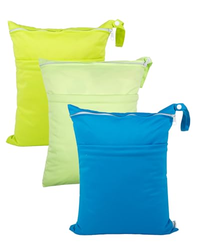 babygoal Wet Dry Bags 3 Pack for Baby Cloth Diapers, Washable Travel Bags, Beach, Pool, Gym Bag for Swimsuits & Wet Clothes with 2 Pockets 3LN10 - color: Green and Blue