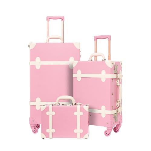 UNIWALKER Vintage Luggage Set of 3, Retro Spinner Trunk with Combo Lock for Women, Cute Designer Travel Suitcase Set with Train Case, 26"+20"+12", Rose Pink - color: rose pink, size: 26in+20in+12in