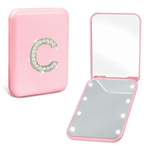 Trendy Mothers Day Birthday Gifts for Mom Travel Pocket Mirror with Lights Pink 1X/2X Magnification LED Compact Mirror, Small Folding Handheld Makeup Mirror Mom Nurses Gifts for Women (C) - color: C
