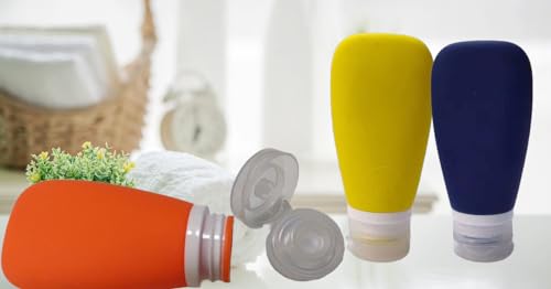 Travel Bottles for Toiletries, TSA Approved 3oz Leak Proof Silicone Refillable Squeeze Travel Size Containers BPA Free for Cleansers, Lotions, Shampoo 3pk (Orange-Blue-Yellow). - color: Yellow-Navy Blue-Orange