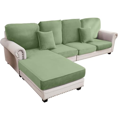 Couch Cover 4-Piece Elastic Velvet Couch Cushion Covers & Chaise Slipcovers for L-Shaped Sofas, Sofa Seat Covers Washable, Soft Cover for Couches (3 Seater + Chaise, Avocado Green) - color: Avocado Green, size: 3 Seater + Chaise