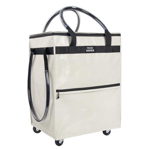 Reusable Grocery Bag on Wheels, (Medium, Beige) Rolling Shopping Bags with Wheels and Handle, Folding Rolling Tote Trolley, 3 Pockets and Zipper Cover, Carries Up to 46 LBS - color: Beige, size: Medium
